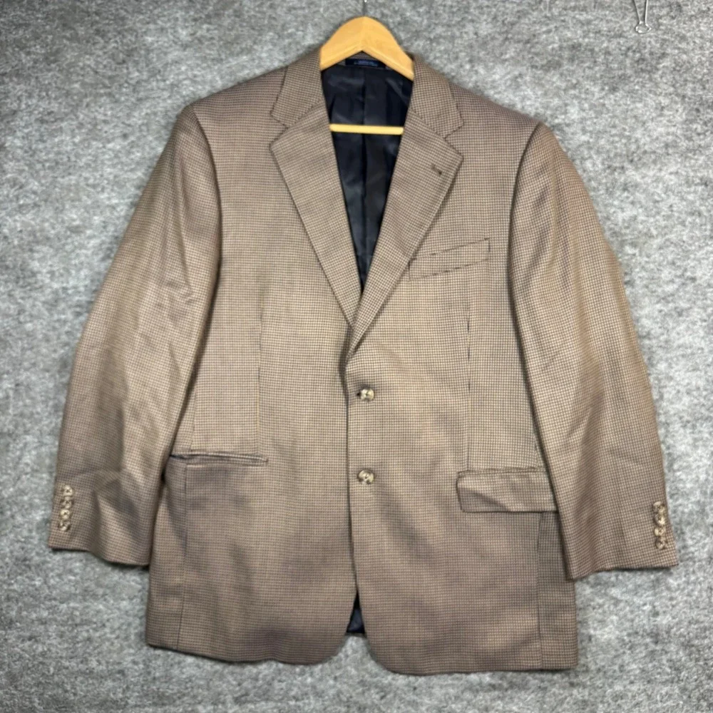 Joseph Abboud Silk Wool Blazer Jacket Mens 44R Tan Blue Houndstooth Sport Coat